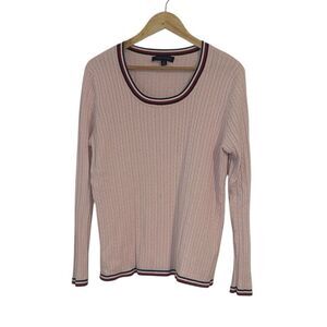 Tommy Hilfiger Pink Cable Knit Sweater with Striped Trim, Large